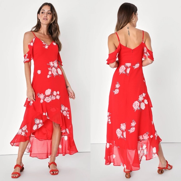 Lulus | Love in Bloom Red Floral Print Off-the-Shoulder High-Low Dress - Picture 1 of 7